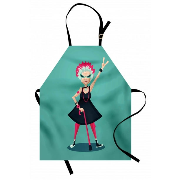 Retirement Party Apron, Cartoon Character Forever Young Old Lady as a Rebel Rock Fan Illustration, Unisex Kitchen with Adjustable Neck for Cooking Gardening, Adult Size, Dunkel Seafoam, by Ambesonne Retirement Party Apron, Cartoon Character Forever Young Old Lady as a Rebel Rock Fan Illustration, Unisex Kitchen with Adjustable Neck for Cooking Gardening, Adult Size, Dunkel Seafoam, by Ambesonne