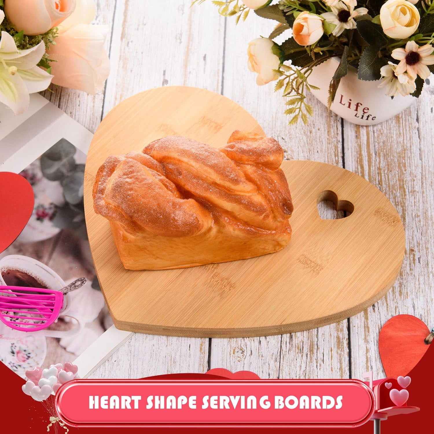 ABPETE Heart Shaped Cutting Board,Valentine's Day Bamboo Charcuterie Board, Bread & Cheese Serving Tray with Heart Hole, Wood Chopping Board for Housewarming & Wedding Gift (12.01x9.45x0.59")