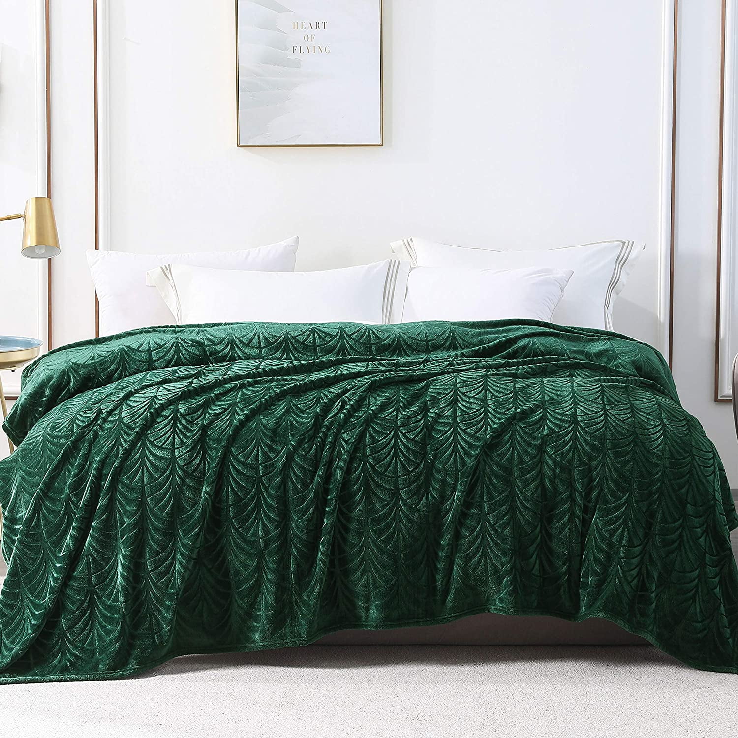 Whale Flotilla Flannel Fleece 90x66 Inch Twin-XL Size Blanket for Bed, Soft Fluffy Velvet Bedspread Coverlet with Decorative Vintage Pattern for All Season, Warm and Lightweight, Deep Green