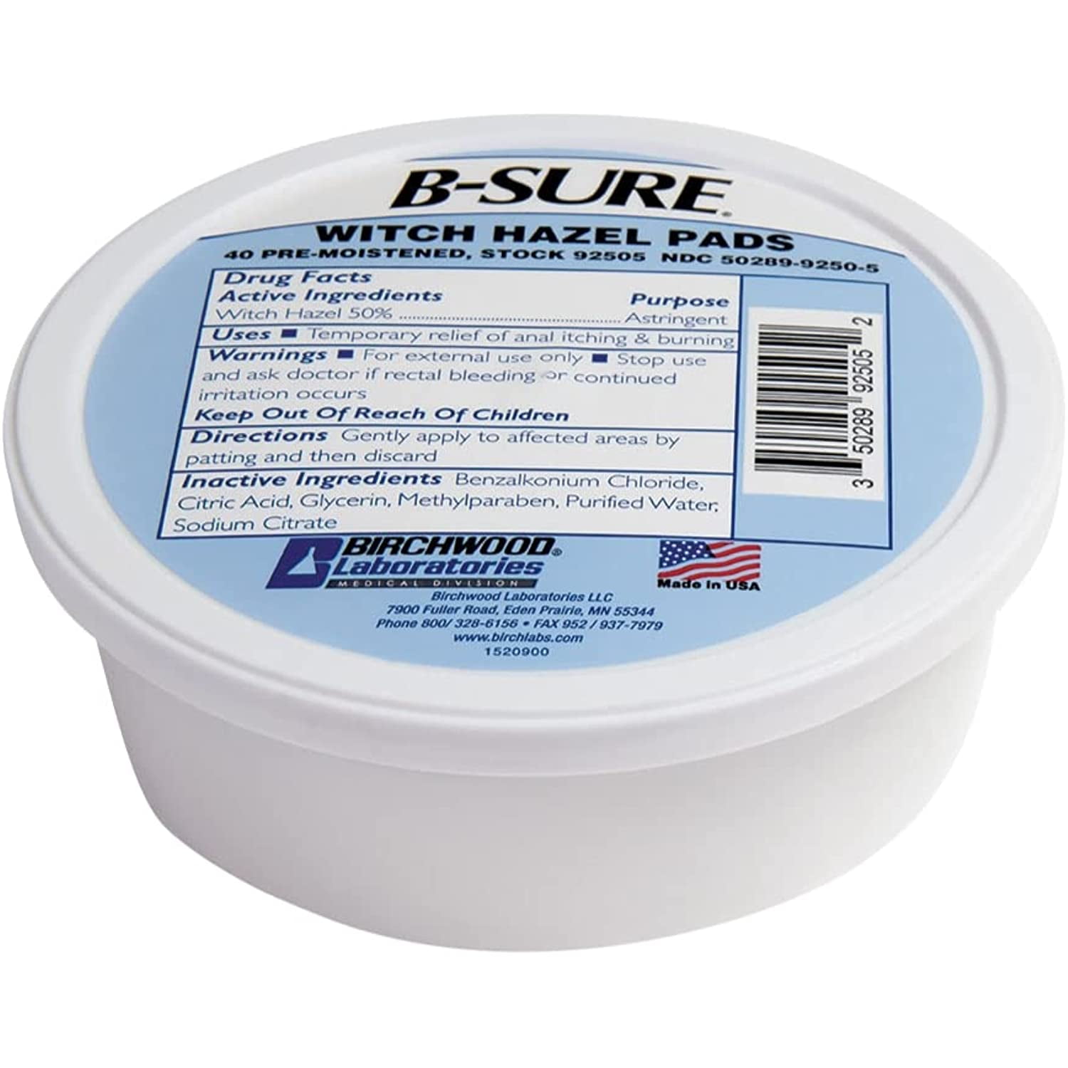 BSure PreMoistened Witch Hazel Pads, 40 Count