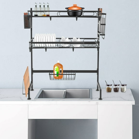 1 PCS 2-Tier Black Over Sink Dish Drying Rack Cutlery Drainer Kitchen Shelf Cup Organizing, Load-bearing(Each Tier): 10kg/22.05lb