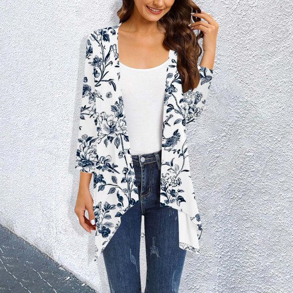 Pyhlmscde Long Cardigan Irregular Women's Casual 3/4 Sleeve Shirts Flower Half Sleeves Jackets, Women Cardigans Lightweight, Cover Up Tops for Women, Soft Cardigans for Women