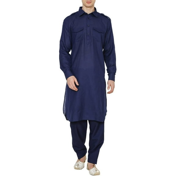 Royal Kurta Men's Linen Pathani Suit Blue