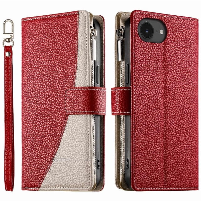 Funda cartera GANGXUN para iPhone 16e , cuero PU con tarjetero, cremallera, correa de mano, soporte y protección 989°