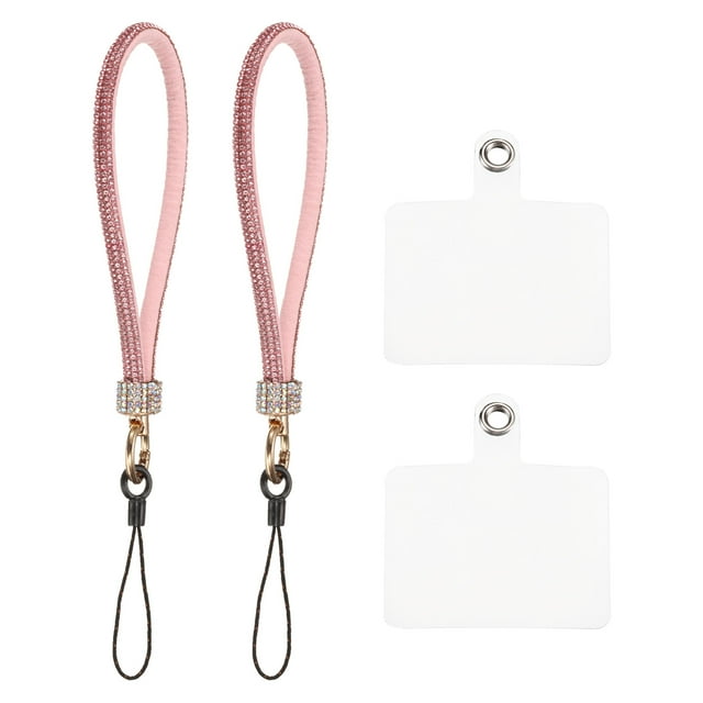 2 Pcs Lanyard para teléfono, correa de muñeca desmontable con brillos y parches para funda de teléfono, rosa