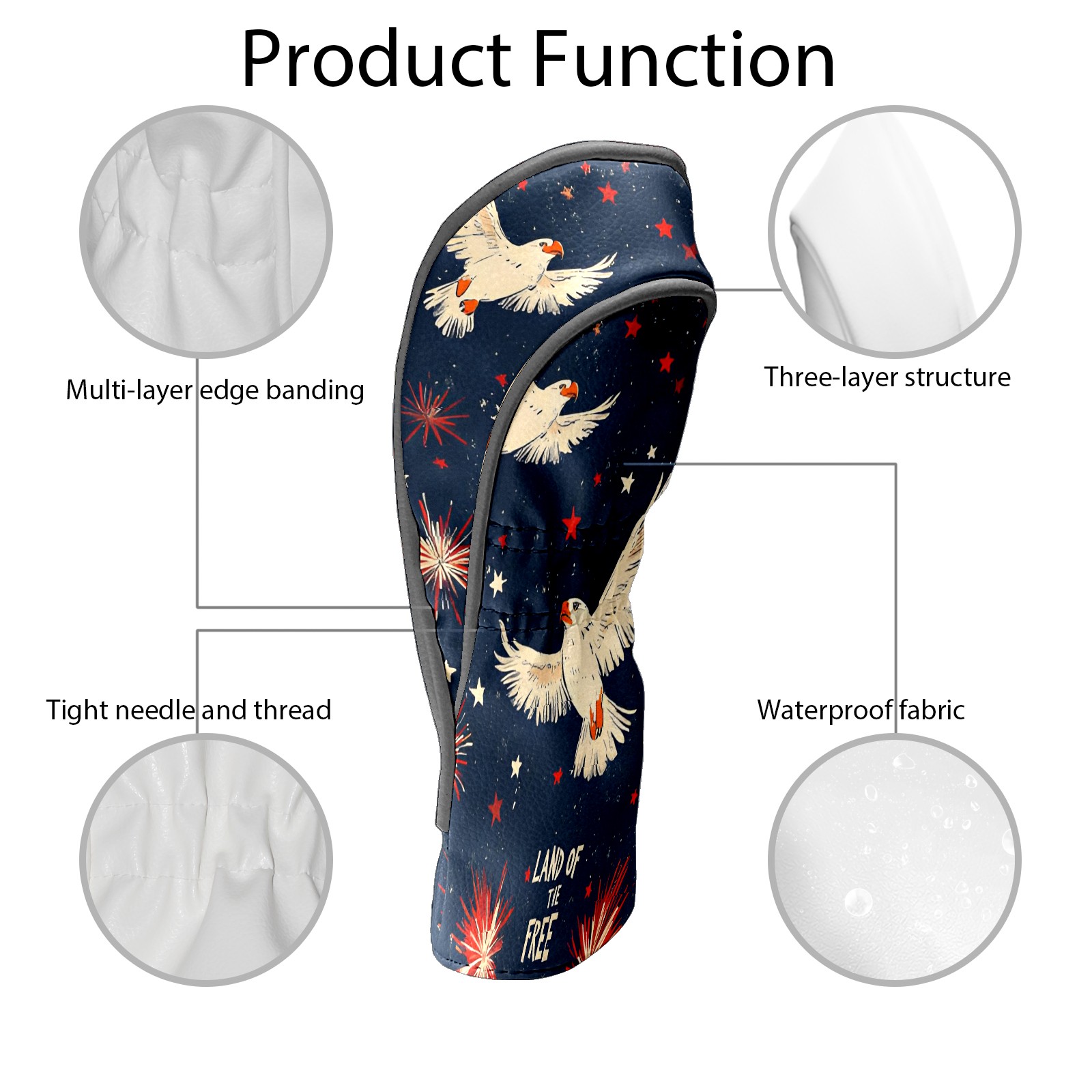 Golf Club Covers, Dark Blue Eagle Fireworks Premium PU Leather Driver Hybrid Putter Head Covers with Velvet Lining, Waterproof Golf Gifts for Men Women
