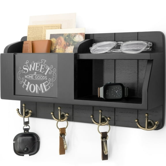 Key Holder for Wall with Chalkboard, Rebee Vision Farmhouse Key Rack Mail Organizer with 4 Anchor Key Hooks, Black