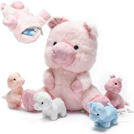Snug A Babies Pig Stuffed Animal - Mommy Pig Stuffed Animal with 4 Baby plushie Piggies, Fluffy Farm Animal Toy- Squishy Guinea Piglet Stuffed Animal Gift for Kids - Ideal Gifts for Girls