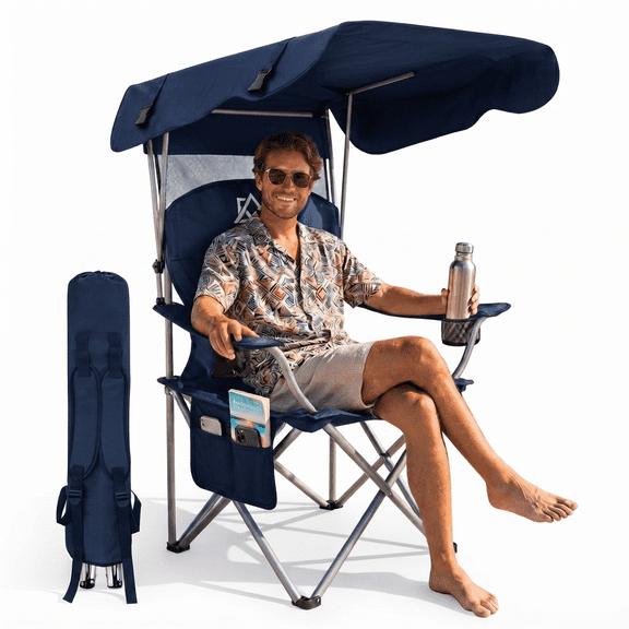 Portable Folding Outdoor Shade Camping Chair, Wide Seat with Breathable Mesh Backrest, Dual Side Cup Holders & Storage Pocket, Equipped with Carry Strap, Foldable Lightweight Lawn Chair for Beach