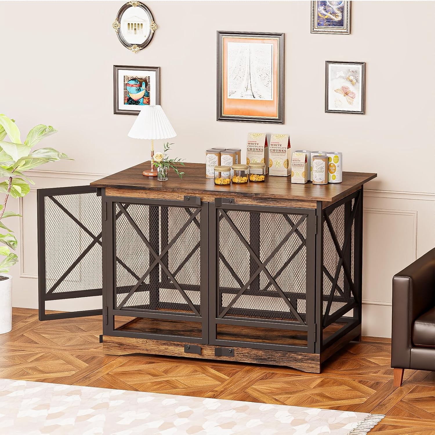 COZPAW 48 Inch Heavy Duty Dog Crate Furniture, Double Door Wooden Dog Kennel End Table for Large Dogs, Brown