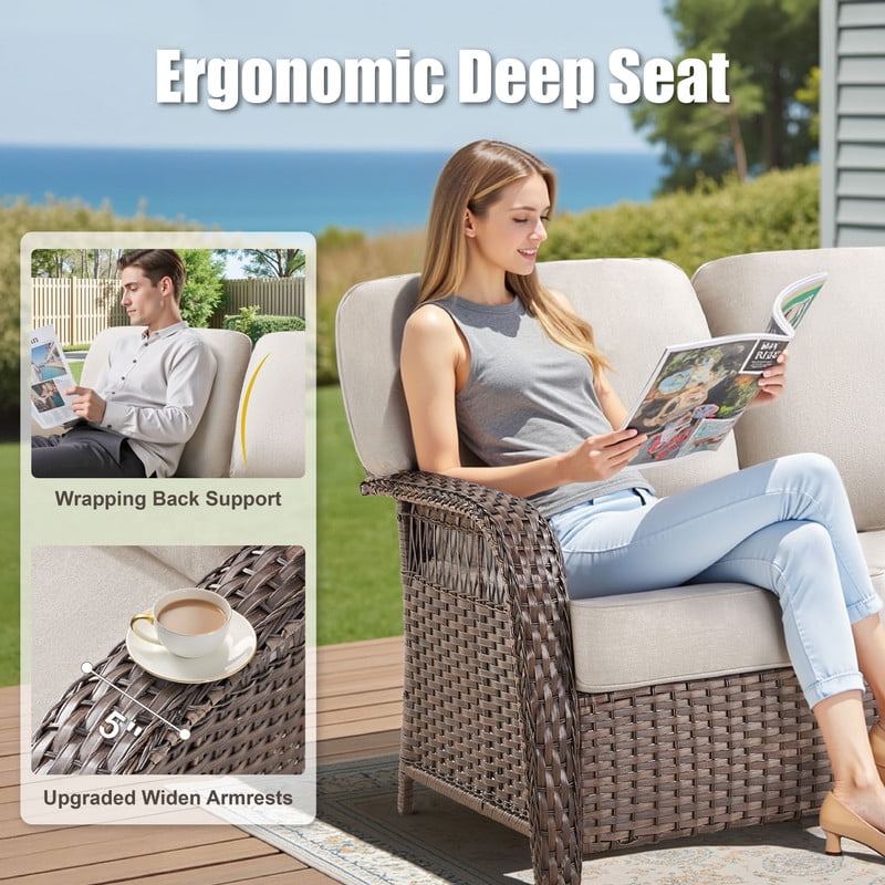 6 Piece Outdoor Wicker Furniture Sets,Patio All Weather Cushioned Conversation Sets with Swivel Rokcing Chairs, Ottomans and Sie Table for Backyard Porch Garden,Beige