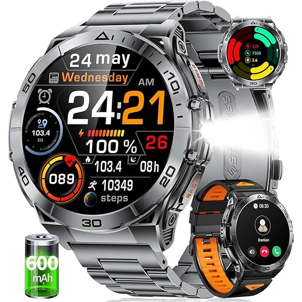 wonima11 EF16 Smart Watch for Men (Answer/Make Calls), 1.6" AMOLED HD Fitness Watches with LED Flashlight, 600mAh Battery/2 Straps/100+ Sports/IP68 Waterproof Smartwatch for Android iPhone Compatible