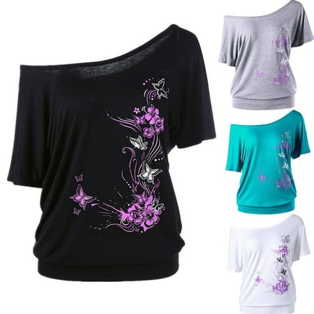 Day Trip Butterfly Top Women's Fashion Summer Sexy Off Shoulder Loose Short Sleeve Blouse Butterfly Flower Printed Casual Bat T-Shirt Tops Plus Size ()