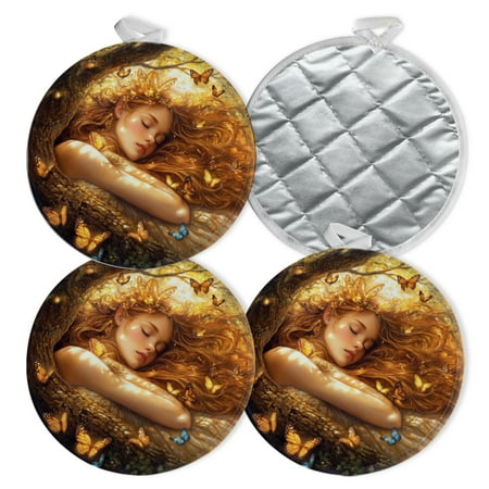 

4 PCS Pot Holders for Kitchen Potholders Sets with Hook for Oven Cooking Baking Fairy Sleeping In The Forest Surrounded By Butterflies