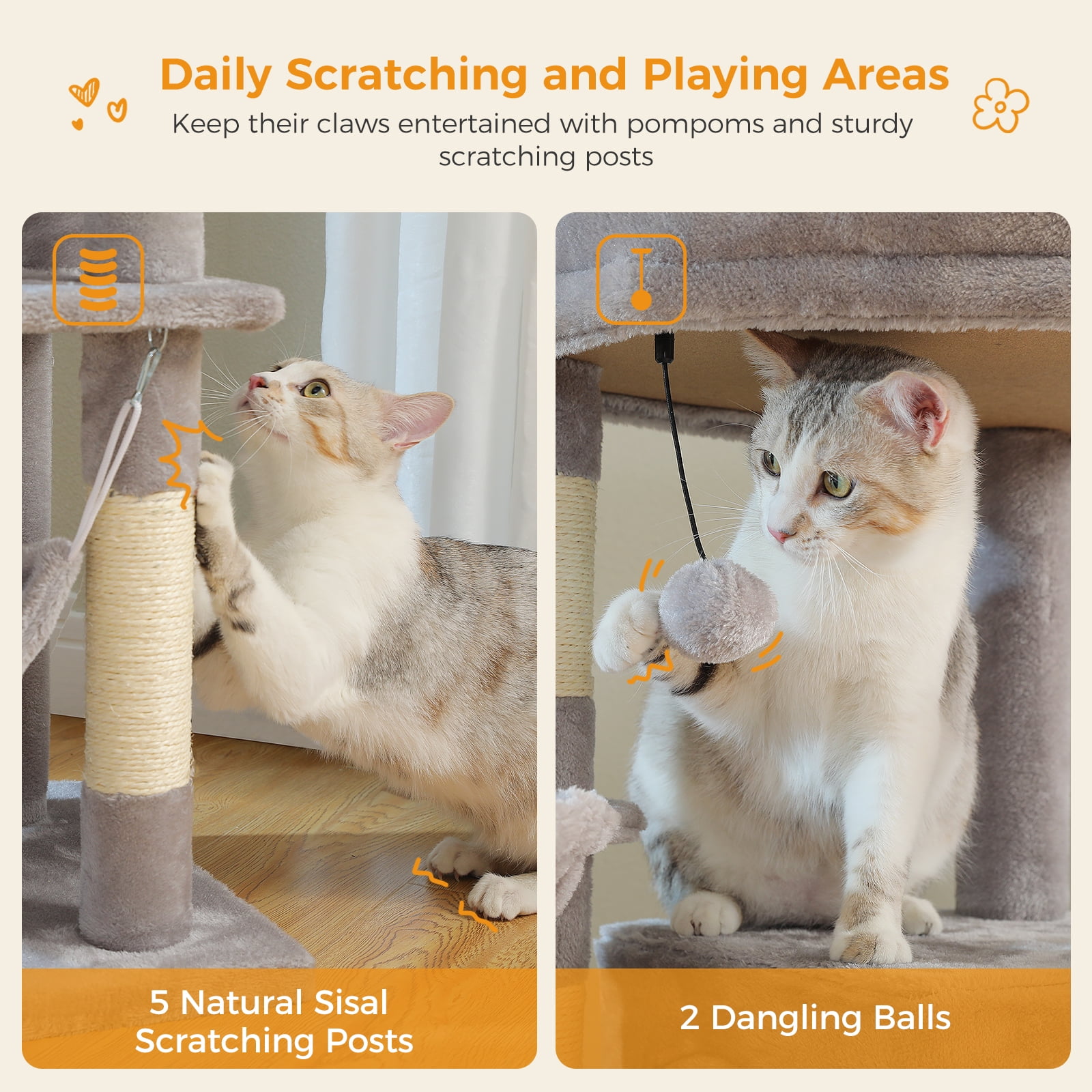 Pefilos 70" Tall Cat Tree Tower with Hammock, 5 Scratching Posts, 2 Condos and a Large Top Perches for Large Cats, Gray