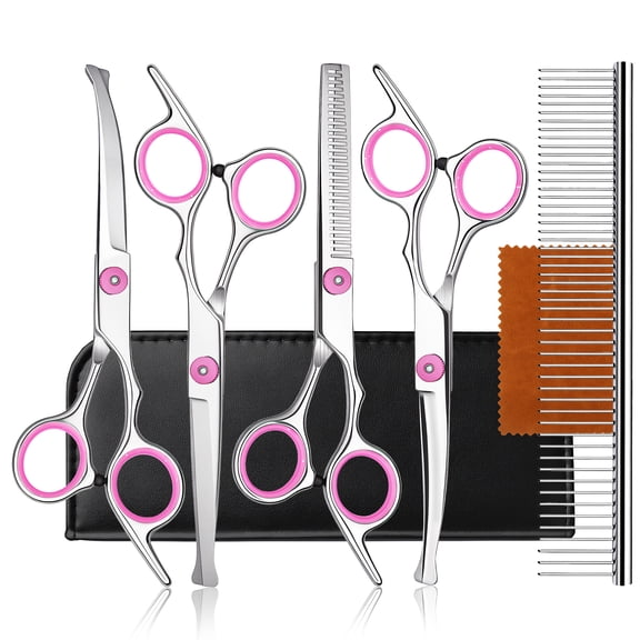 DSOOLO Grooming Scissors Kit for Dogs Cats 5 in 1 Professional Pet Grooming Shear with Safety Round Tips,Pink