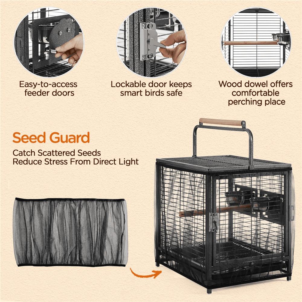 Yaheetech 26'' Wrought Iron Travel Bird Cage Carrier with Handle Perch & 2 Stainless Steel Bowls, Hammered Black