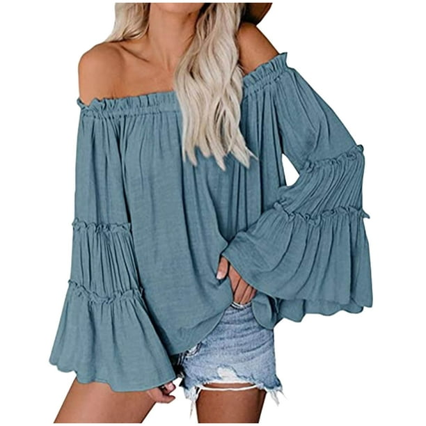 HongQid Womens Off The Shoulder Long Bell Sleeve Tops Flared Casual Loose Blouse