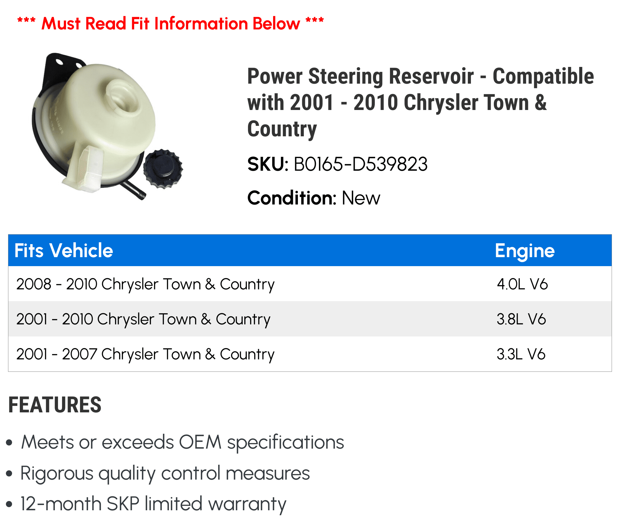 Power Steering Reservoir - Compatible with 2001 - 2010 Chrysler Town & Country 2002 2003 2004 2005 2006 2007 2008 2009