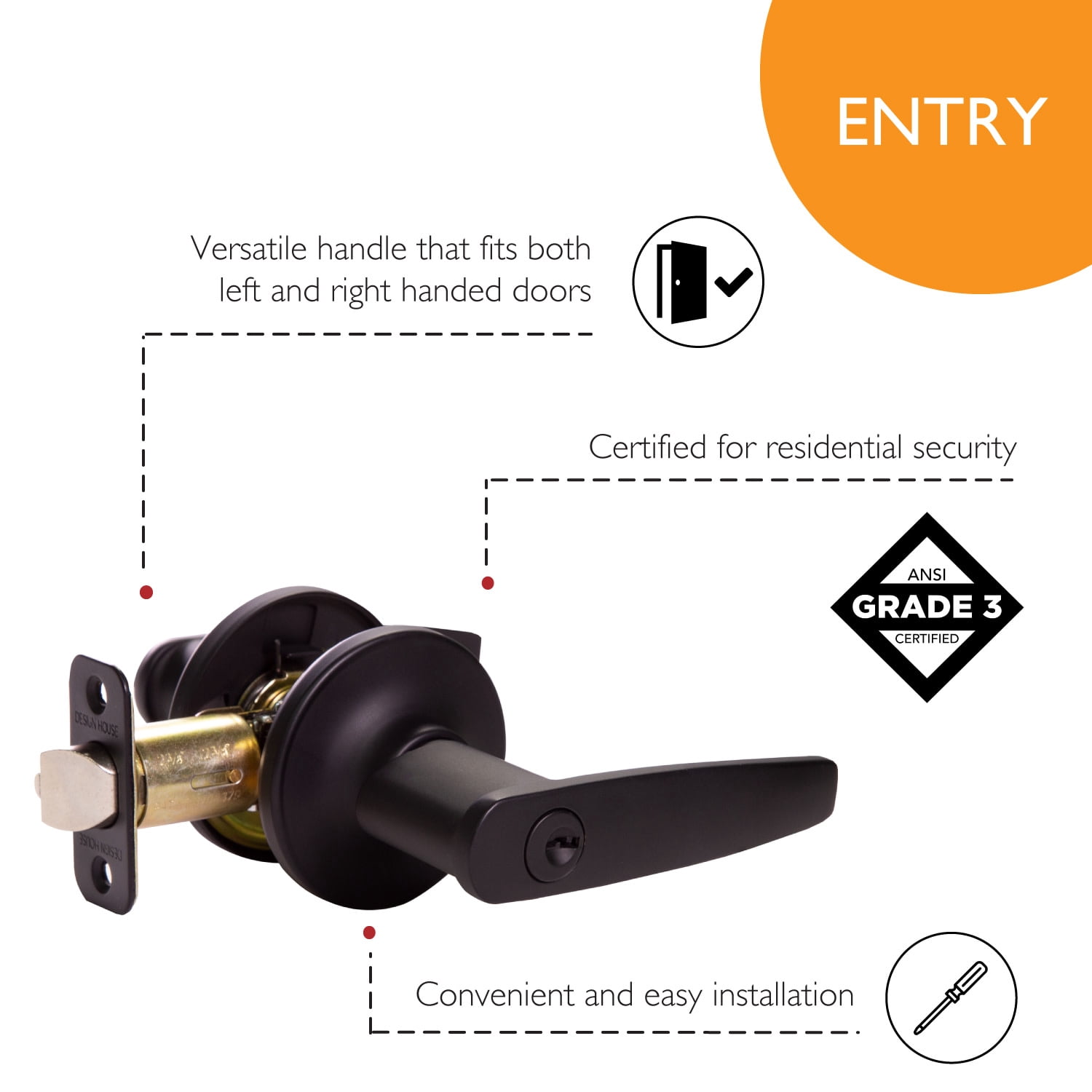 Design House Delavan 2-Way Interior/Exterior Keyed Door Lever, Matte Black