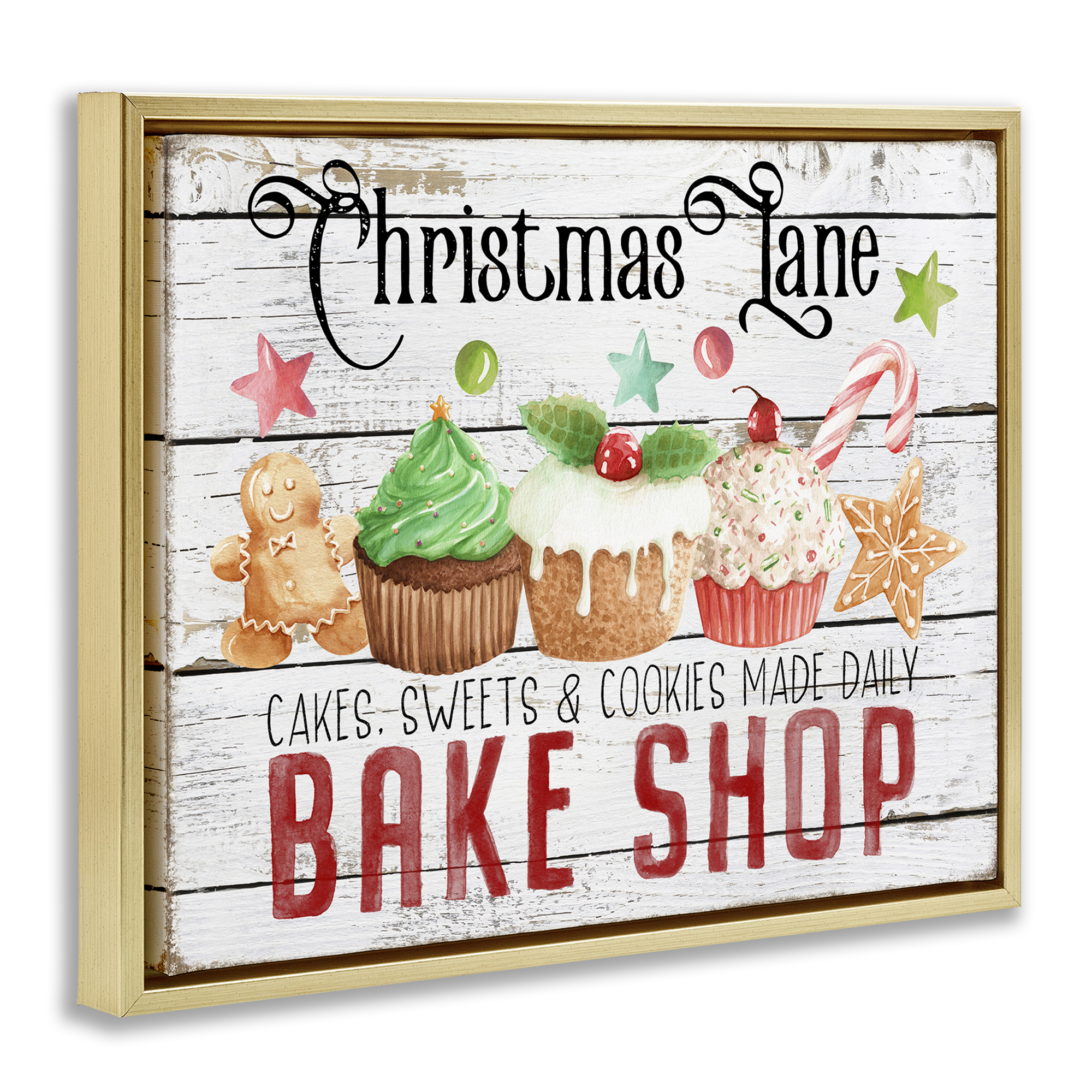 Stupell Industries Christmas Lane Bake Shop Holiday Painting Gold Floater Framed Canvas Art Prints Wall Art, 31 x 25