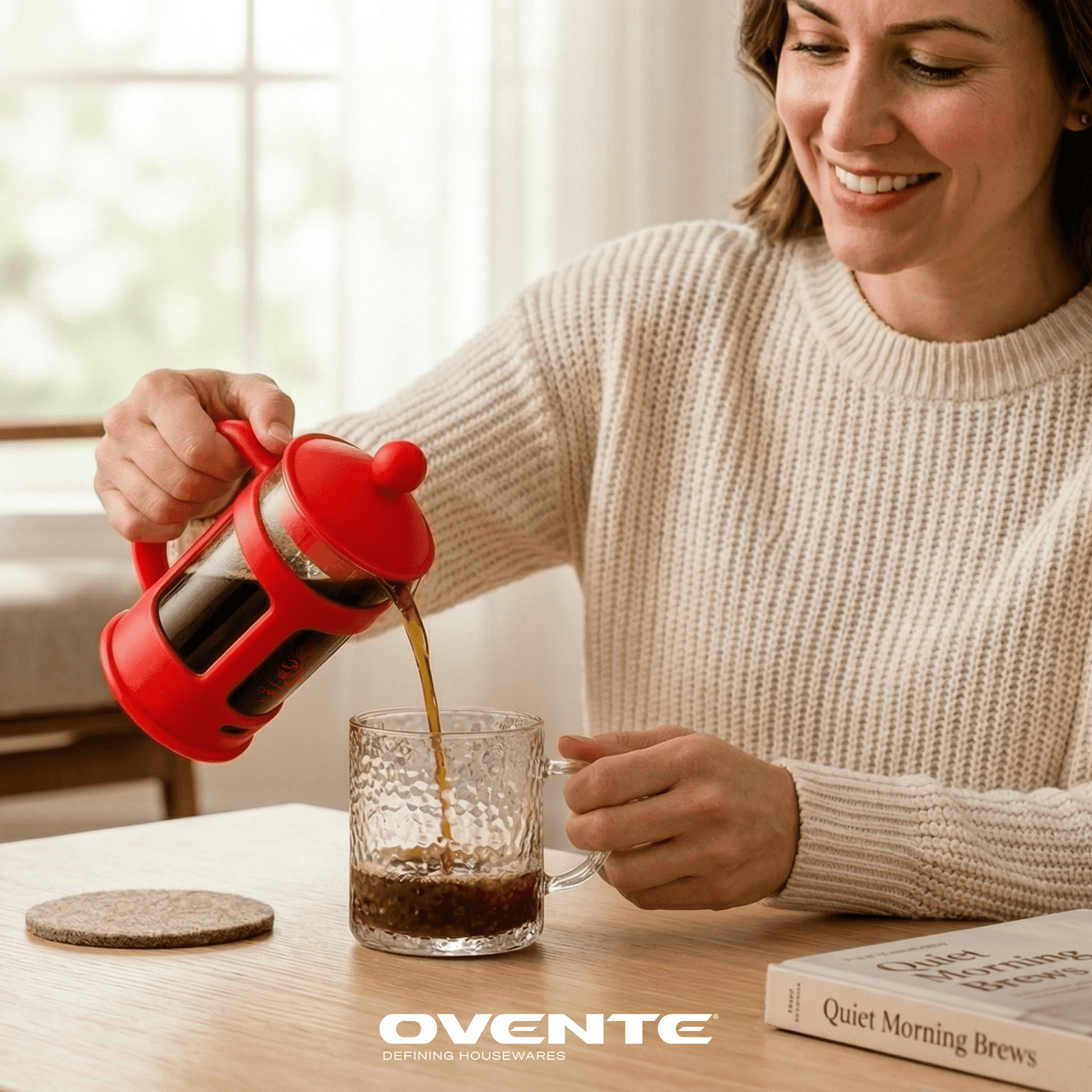 OVENTE 12 oz French Press Coffee Maker, 4-Level Stainless Steel Filter, Borosilicate Glass, Dishwasher Safe, Hot & Cold Brew, Portable for Travel & Camping, Red, FPT12R