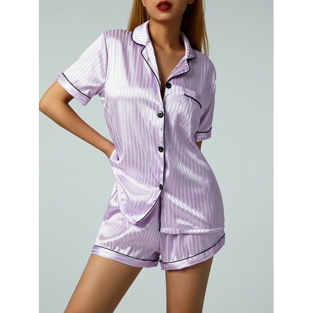 Nituyy Casual Women Pajamas Set, Short Sleeve Lapel Collar