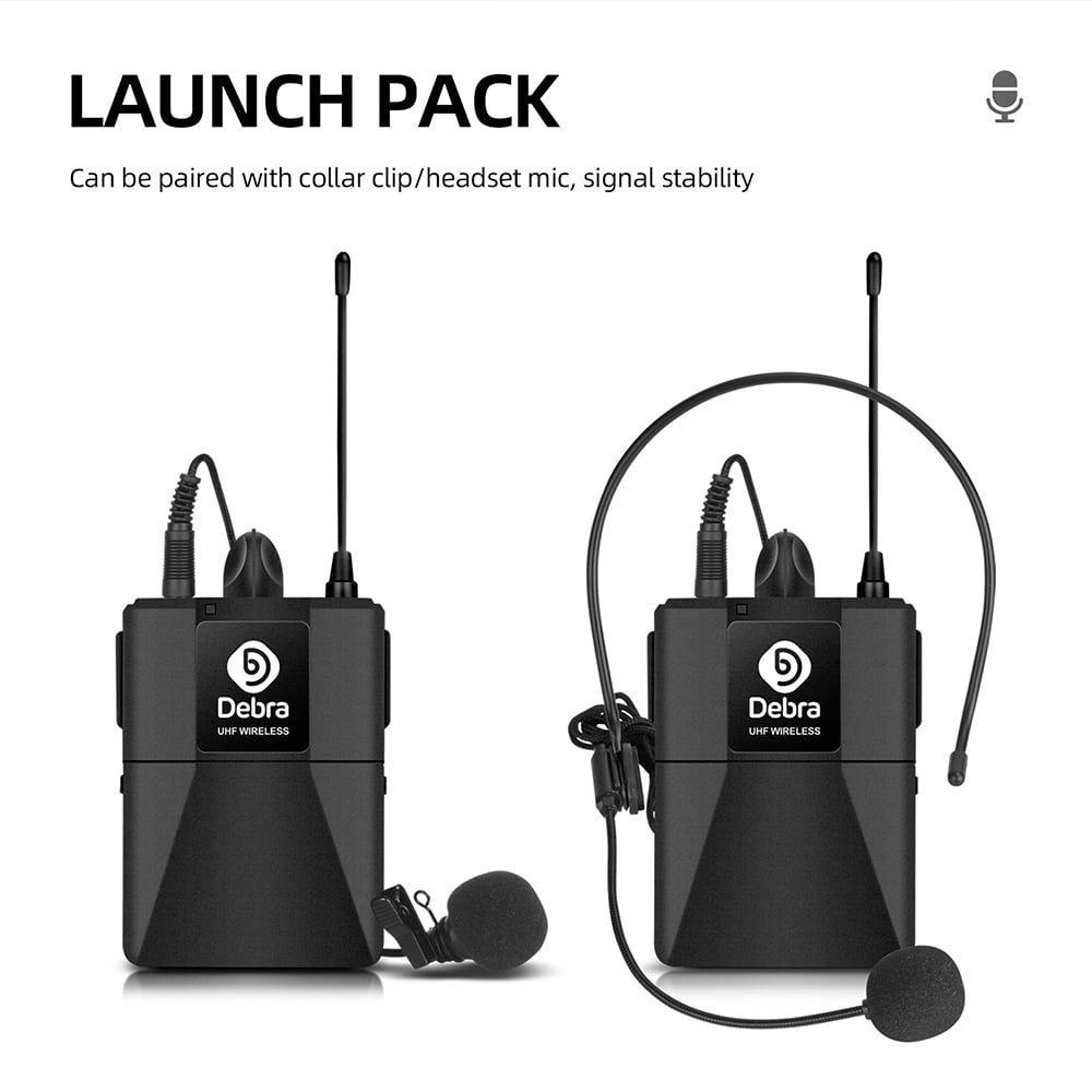 D Debra Audio AU200 Pro UHF 2 Channel Wireless Microphone System with Cordless Handheld Lavalier Headset Mics, Metal Receiver, Ideal for Karaoke Church Party (2 Bodypack)