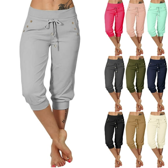 RongHuan Plus Size Capri Pants for Women Low Waisted Drawstring Jogger Pants Lightweight Stretch Cropped Pants Casual Capris with Pockets