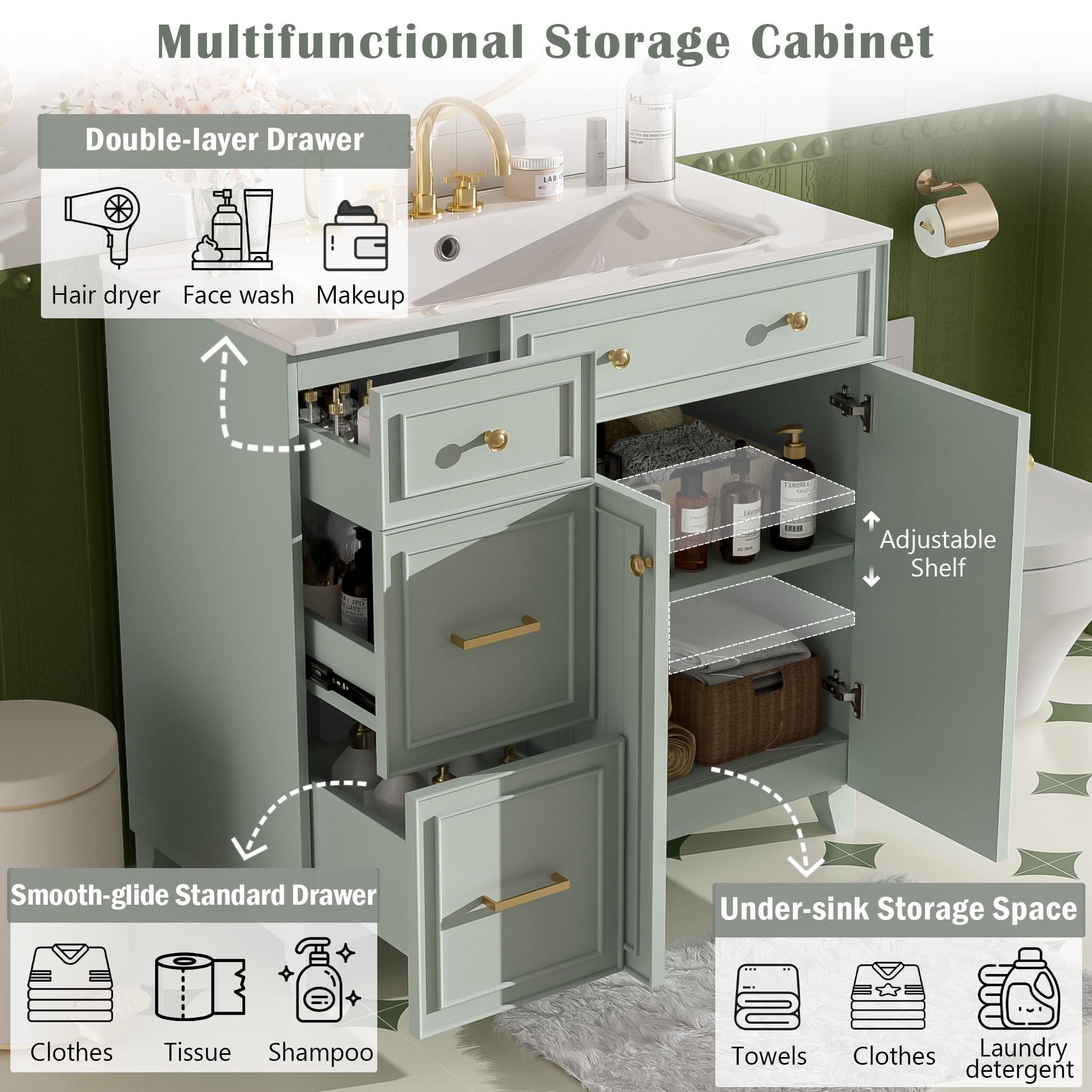 Euroco 36" Bathroom Vanity with Ceramic Sink, Standard and Double-Layer Drawers, Soft Close Doors, Adjustable Shelves, Modern Storage Cabinet for Small and Medium Bathrooms