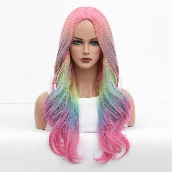 Rainbow Wig Soft Loose Curly Hair 24 Inches Long Holiday Synthetic Wig for Girls Daily Wear