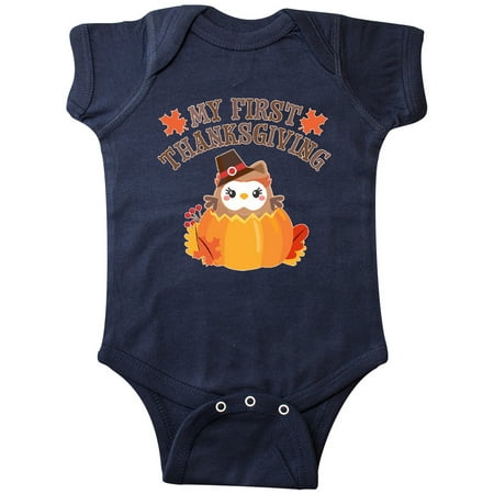 

Inktastic My 1st Thanksgiving Cute Owl in Pumpkin Gift Baby Boy or Baby Girl Bodysuit