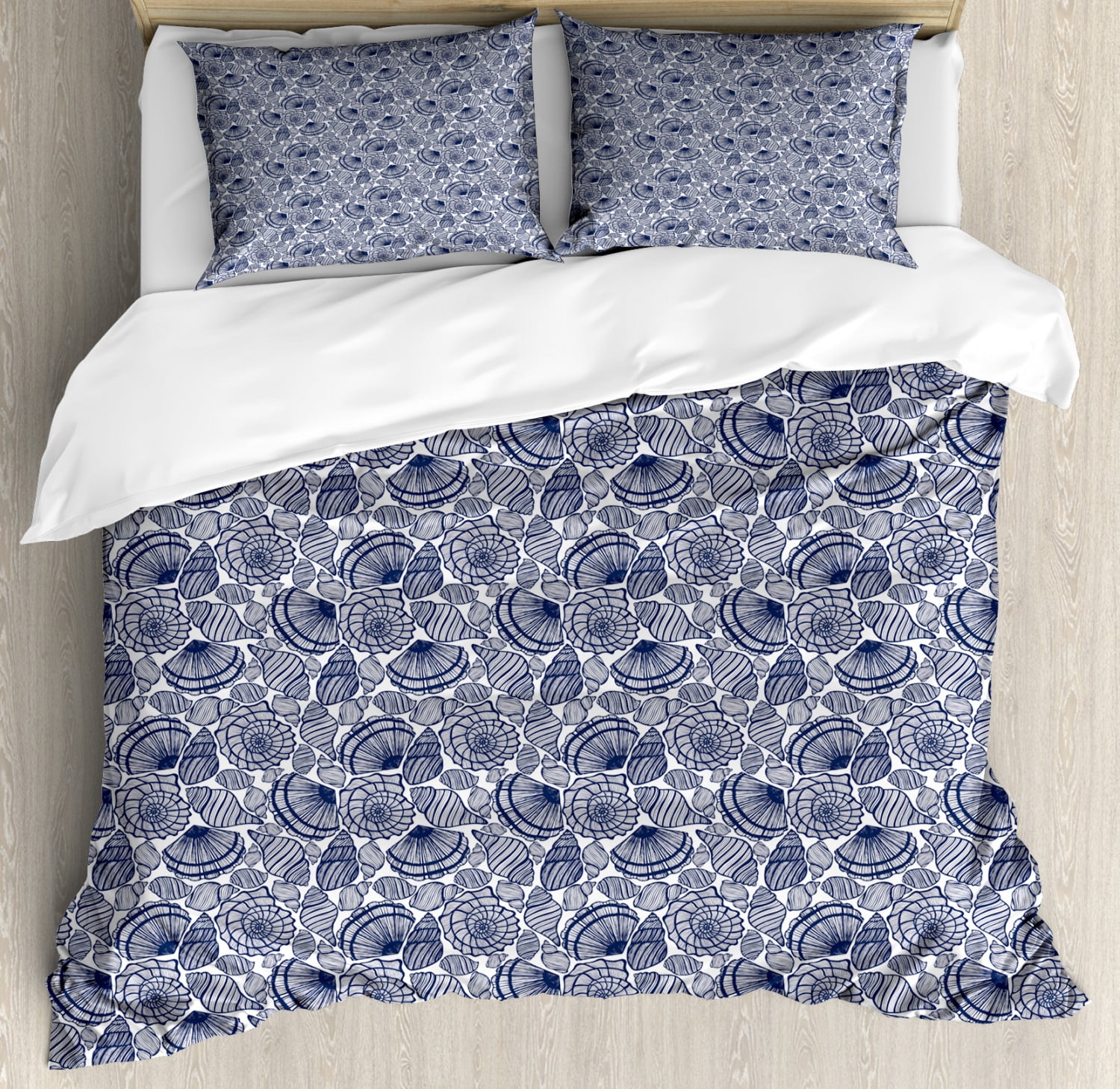 Navy Blue Duvet Cover Set Queen Size, Hand Drawn Scallops Line