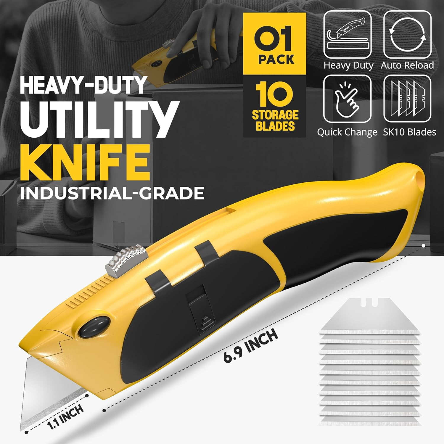 Auto Reload Utility Knife with 10 Preloaded SK5 Blades, Heavy Duty Box Cutter Retractable and Razor Knife with Non-Slip Handle and Lanyard Hole
