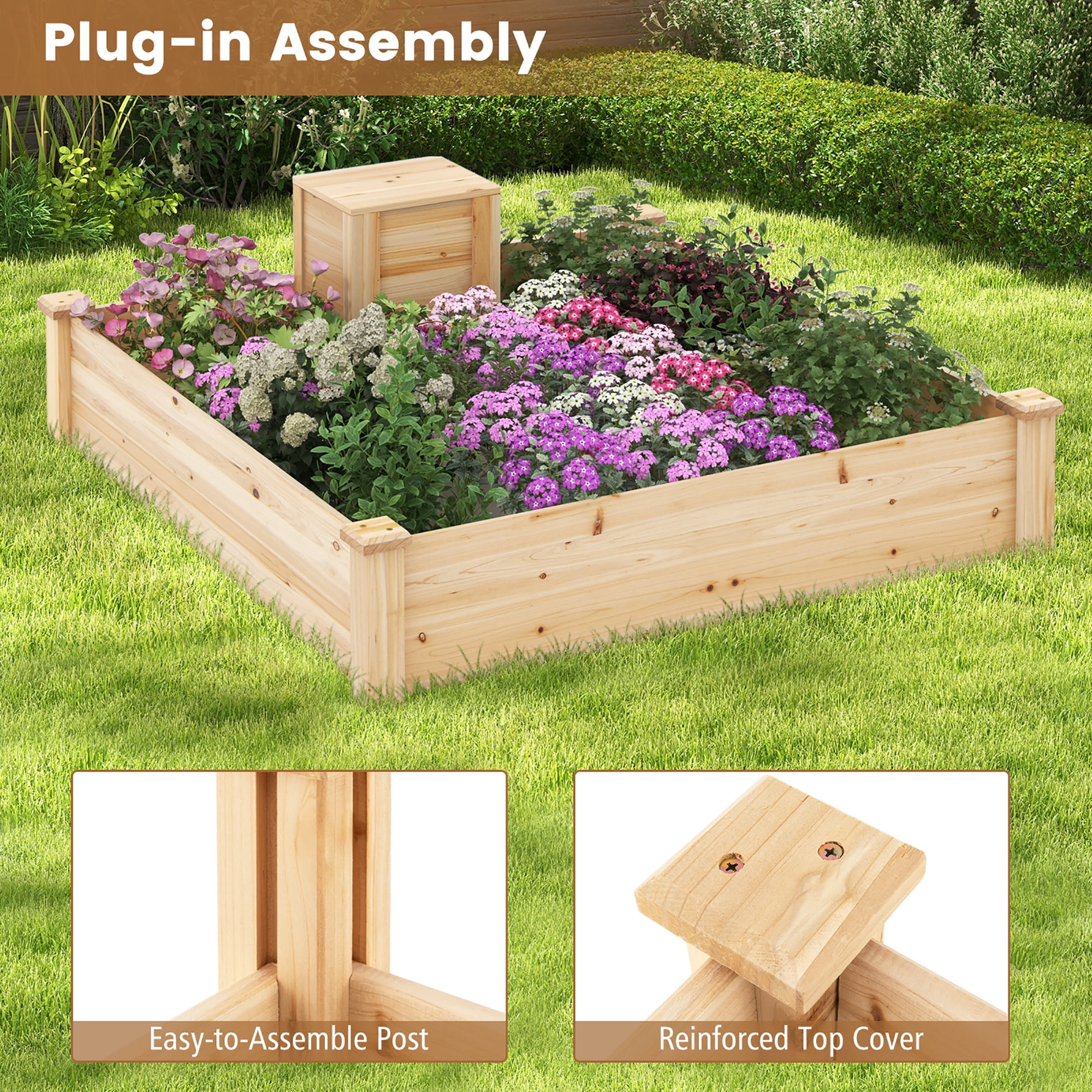 Gymax Raised Fir Wood Garden Bed 49" x 49" x 10" Open Base Garden Bed w/ Composting Bin