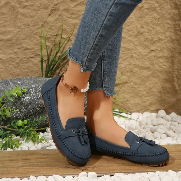 Viluyesy Loafers for Womens, Soft Sole Slip On Shallow Comfort Fashion Suede Leather Flats Shoes Dark Blue US9.5