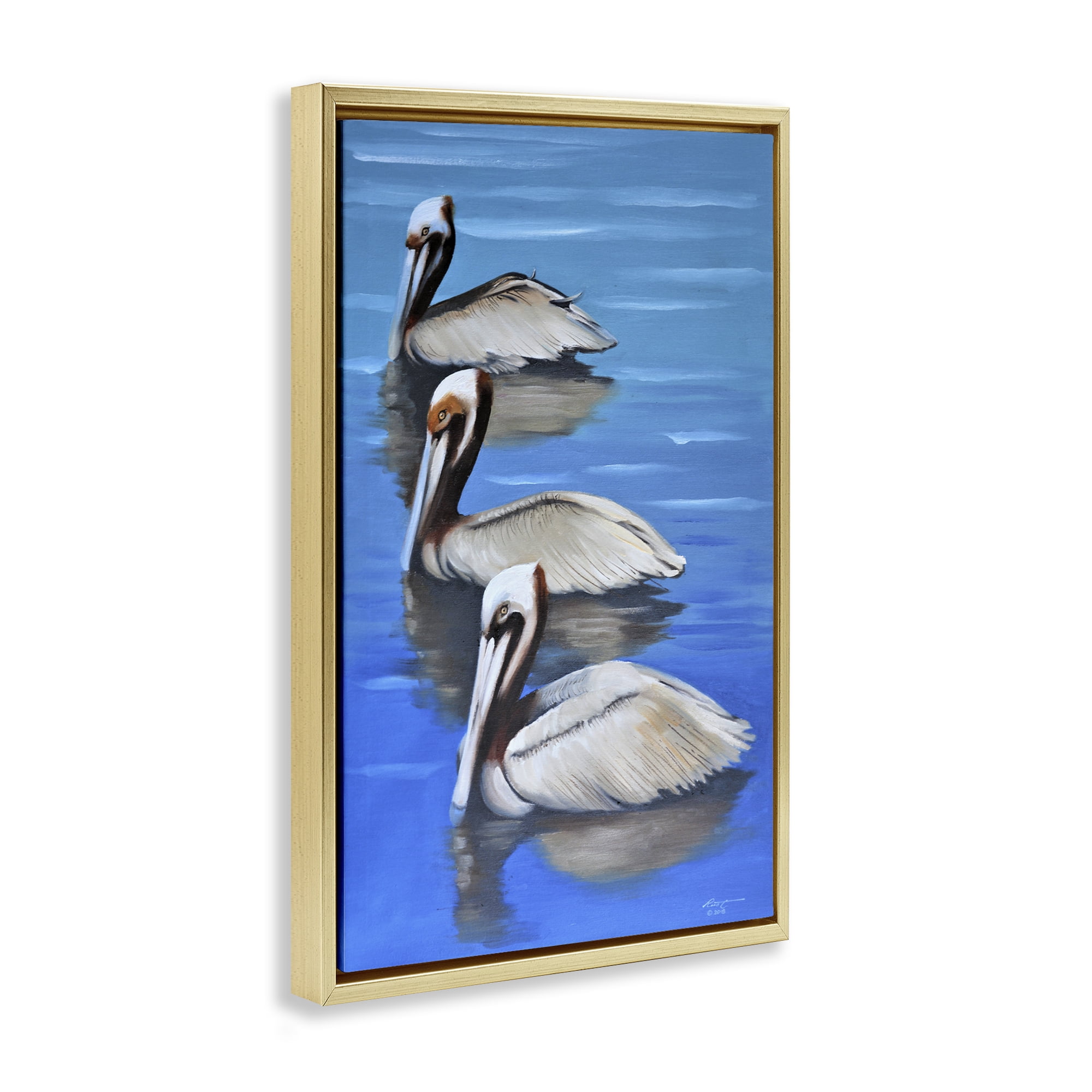 Stupell Industries Pelican Trio Drifting Animals & Insects Painting Gold Floater Framed Canvas Art Print Wall Art, 17 x 25