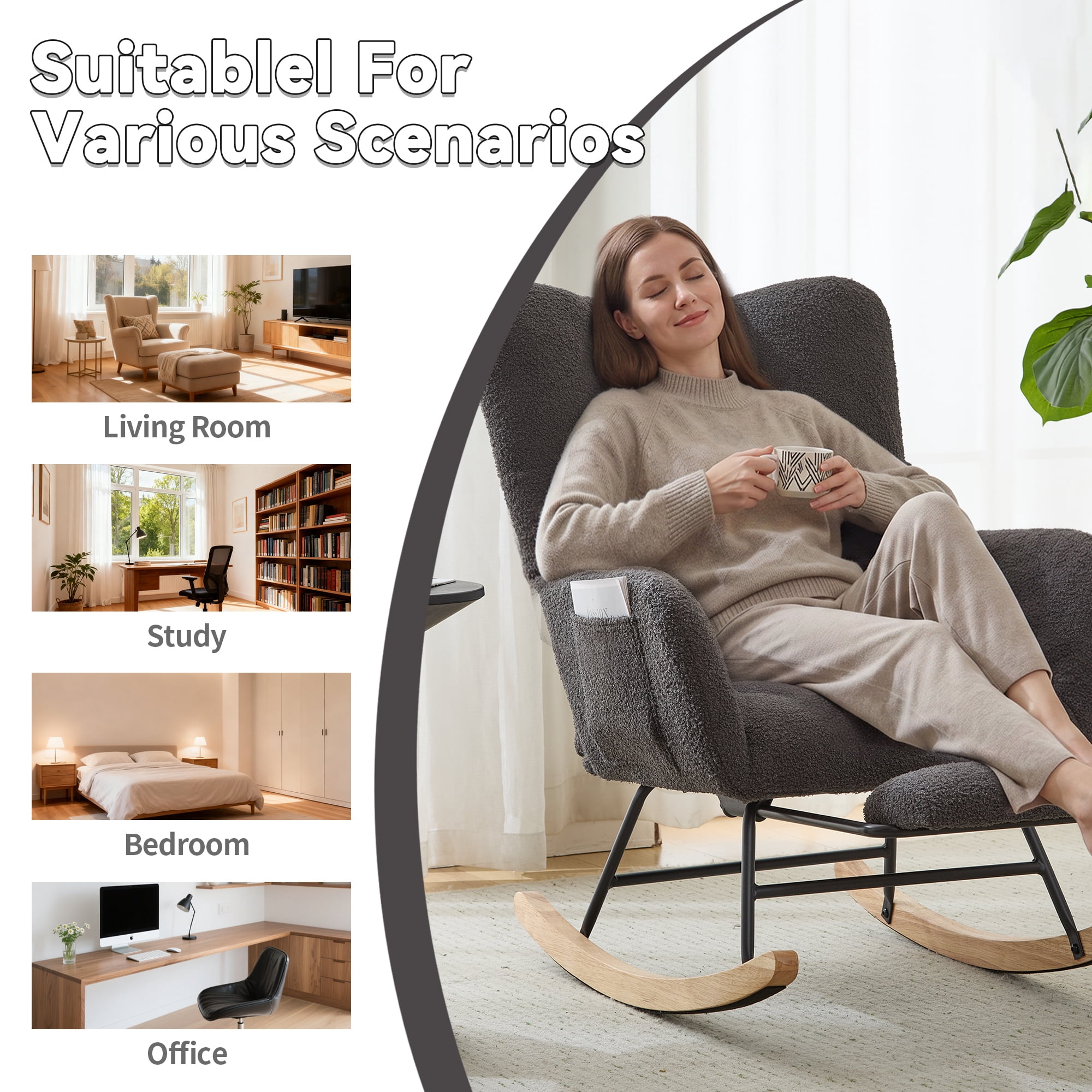 Leumius Nursery Rocking Chair with Footrest,Teddy Fabric Upholstered Glider Rocker Chair with High Backrest,Side Storage Pocket & Solid Wood Legs,Comfy Accent Chair for Living Room Bedroom,Gray