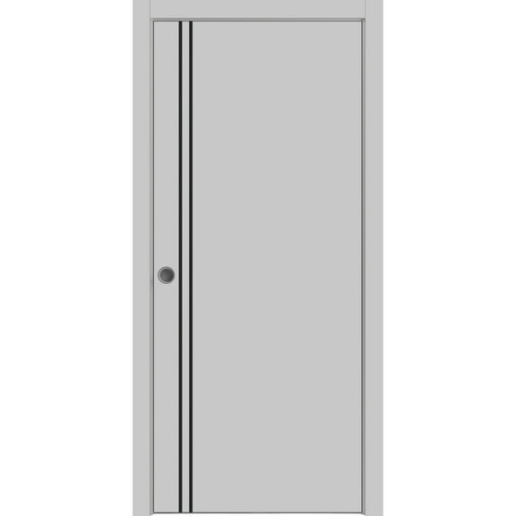 Sliding French Pocket Door 18 x 80 inches with | Planum 0016 Grey Matte with Frosted Glass | Kit Trims Rail Hardware | Solid Wood Interior Bedroom Sturdy Doors