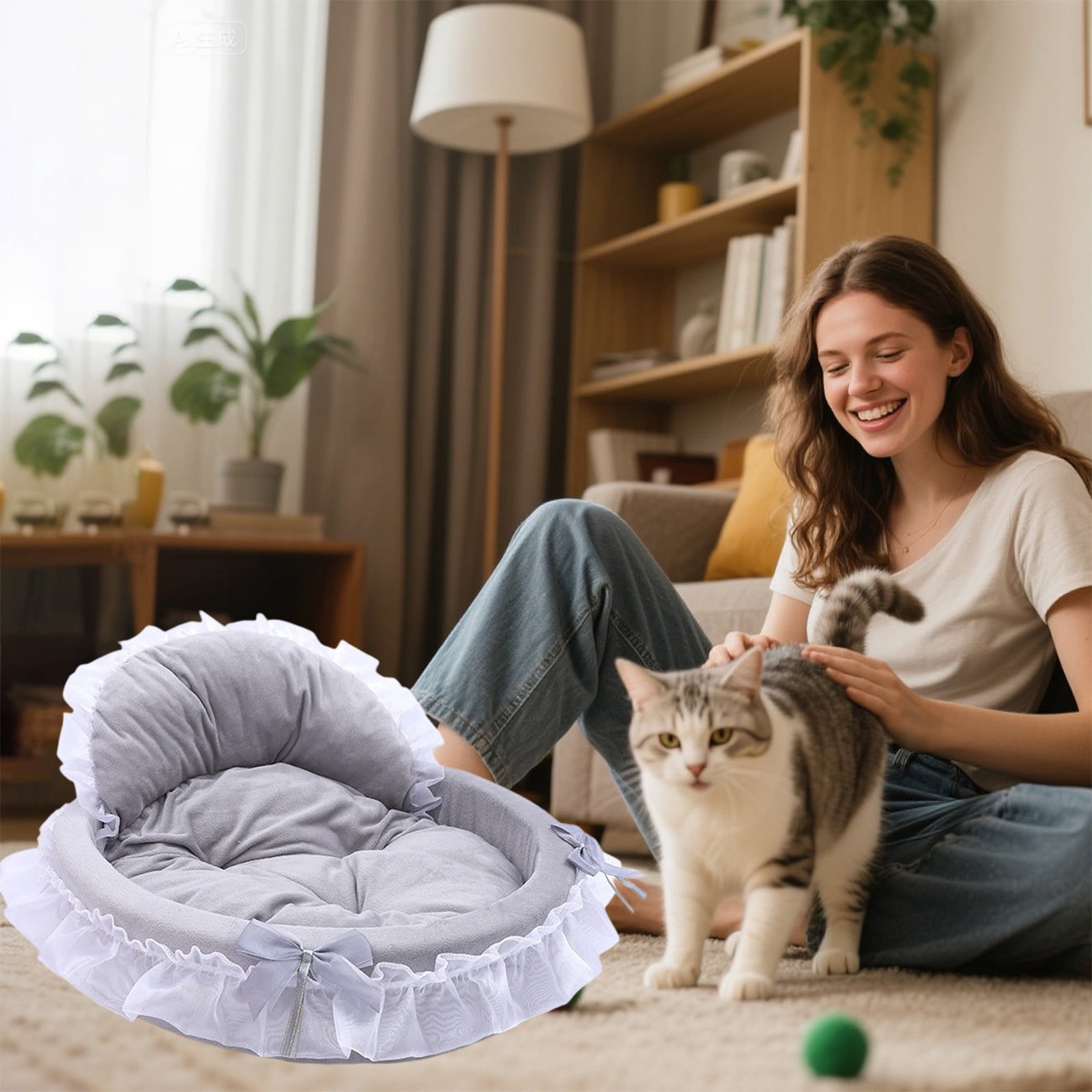 Nebwoak Soft Washable Pet Bed for Small Medium Dogs Cats - 17.7x17.7in, Detachable Mattress, Durable Sponge, Lace Trim, Pink/Blue, Indoor Comfort Pet Cushion Sleeping Pad