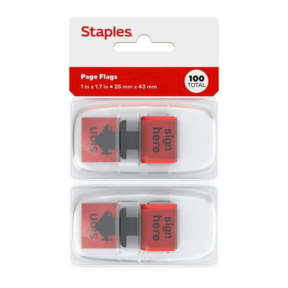 Staples Stickies Sign Here Flags Red 1" Wide 100/Pack (14112) 667011