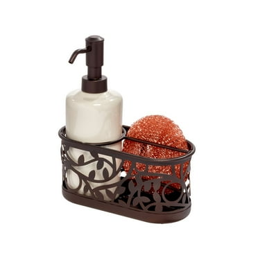 iDesign Vine Ceramic Soap Pump with Caddy, Dispenser with Storage Compartment for Scrubbers, Sponges, Brushes, for Bathroom, Kitchen Countertops, Sinks, 7.25" x 3.25" x 8.25", Bronze