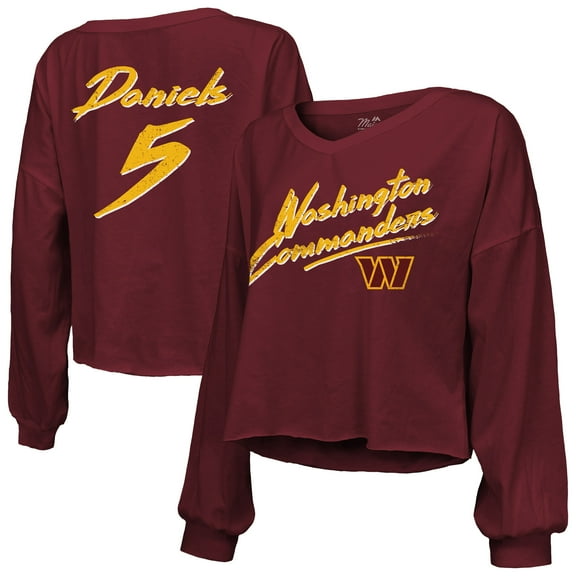 Women's Majestic Threads Jayden Daniels Burgundy Washington Commanders Name & Number Off-Shoulder Script Cropped Long