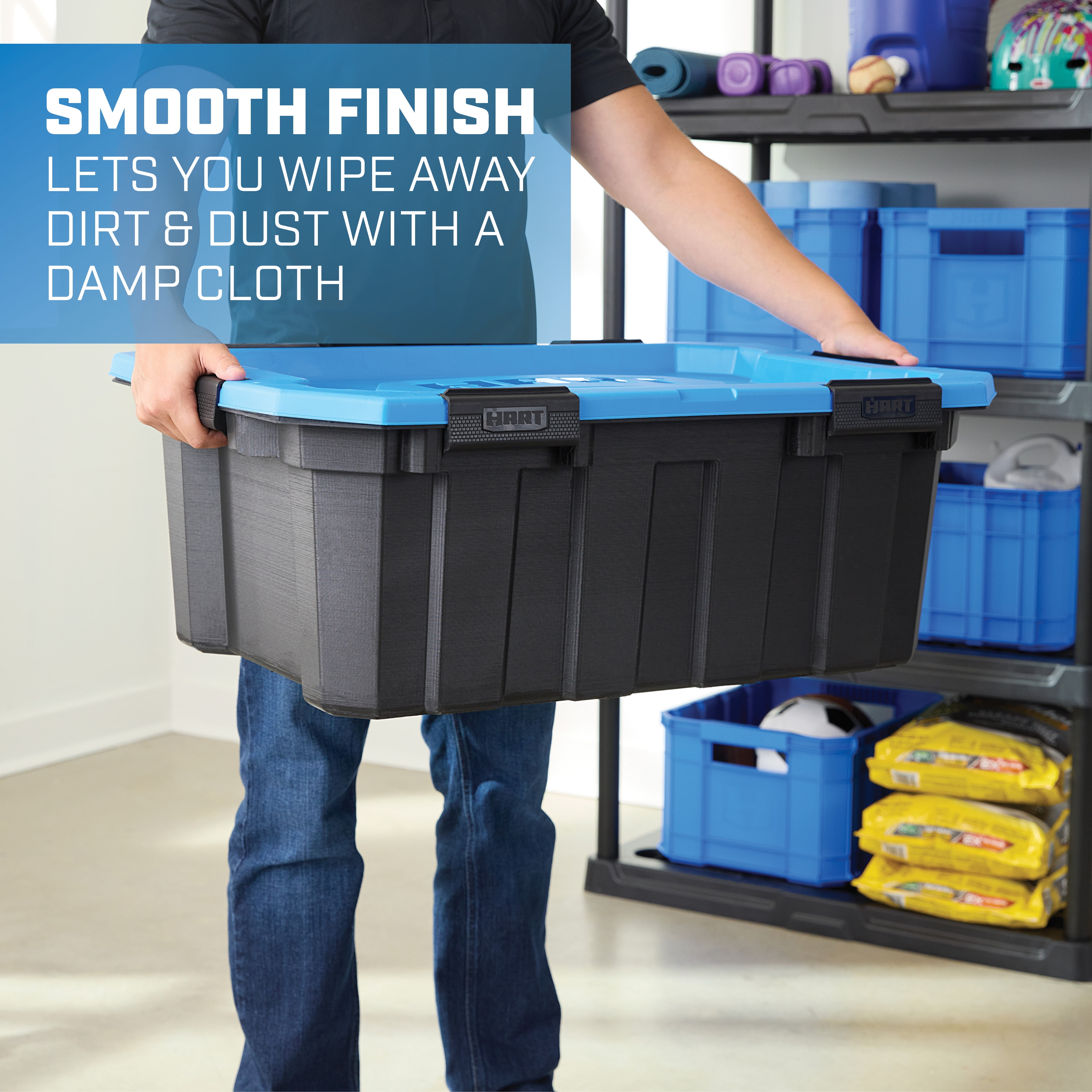 Hart 24 Gallon Weatherproof Latching Heavy Duty Storage Bin, Black Base/Blue Lid