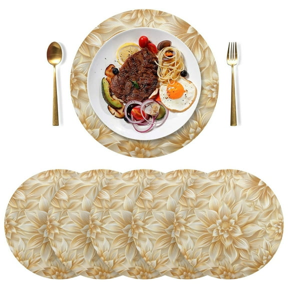 Gold Flowers Black Round Placemats Plate Mats 15 Inch Non-Slip Heat Resistant Washable PVC Set Indoor for Kitchen Dining Table 1PC