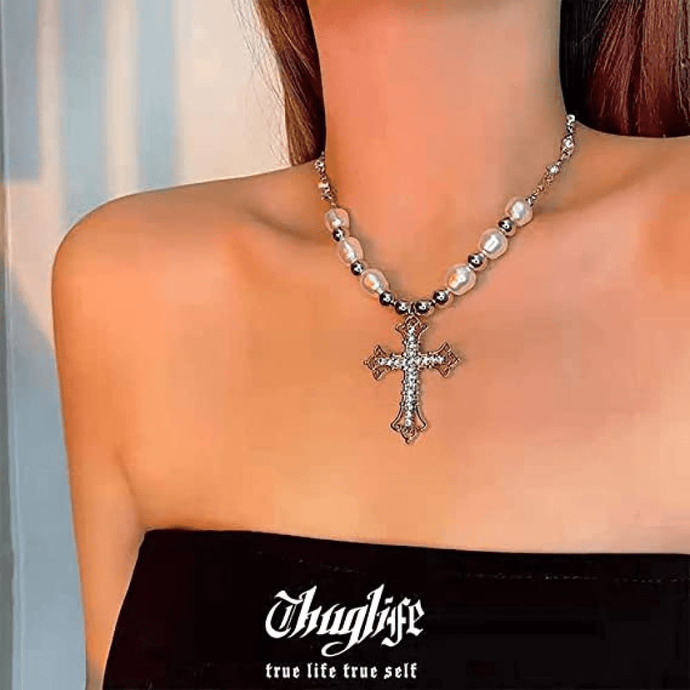 Double Cross Necklace - Cross Pendant Necklace In Two Tone