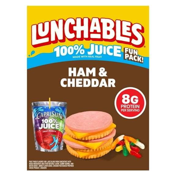 Lunchables Ham and Cheddar Cracker Stackers with Capri Sun Fruit Punch 100% Juice Drink and Gummy Worms, 2.8 oz Box, Refrigerated, Whole