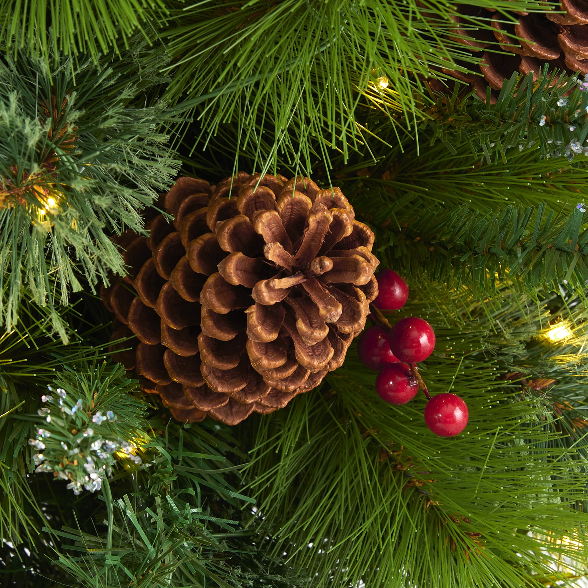 Nearly Natural 3' Green Pine Artificial Christmas Tree with Pinecones Berries Prelit 50 Clear LED Lights