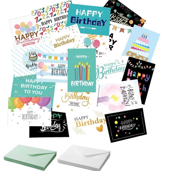 Assorted Happy Birthday Greeting Cards Bulk Set with Envelopes, Multiple Unique Designs for Birthday Wishes (Men Women Kids)
