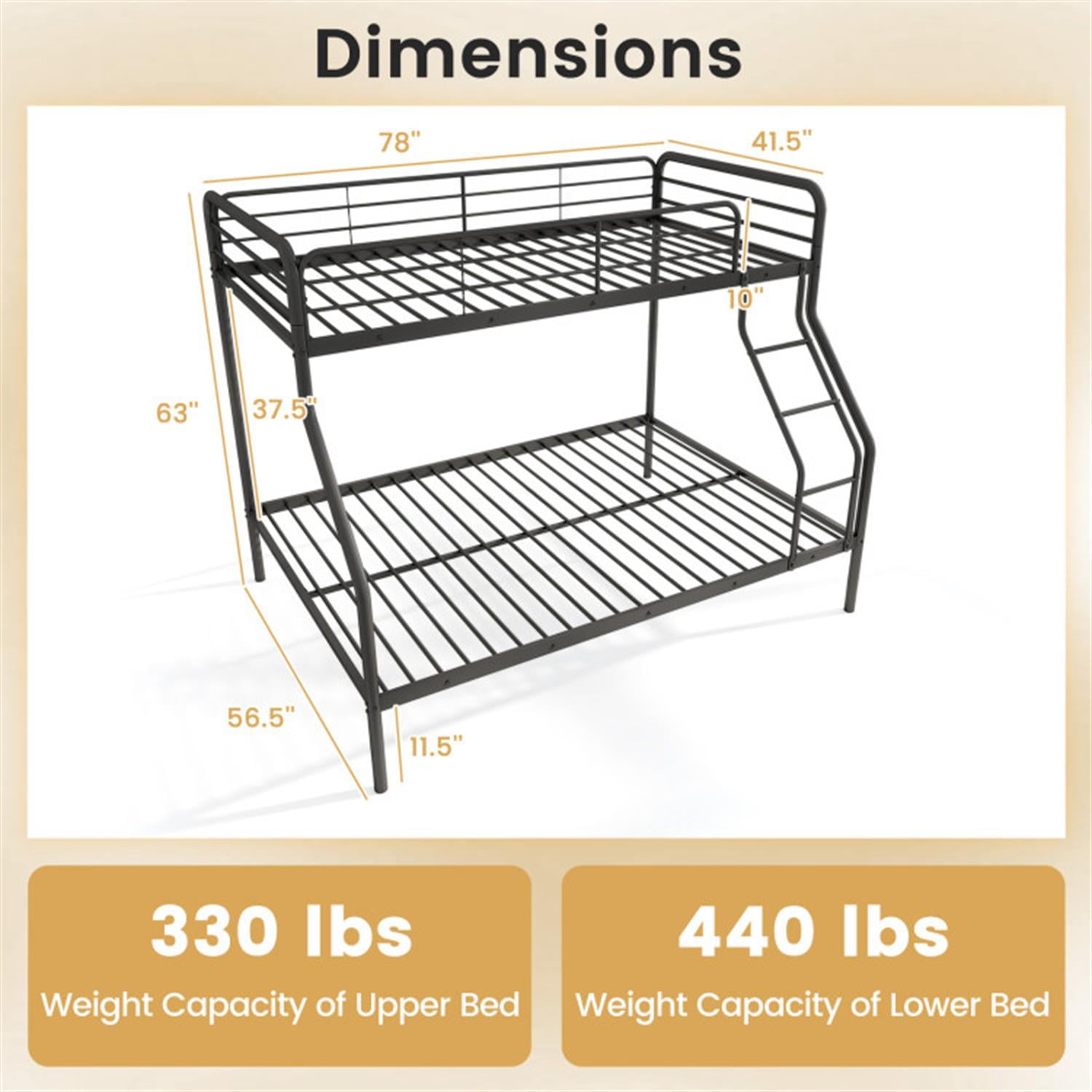 Demi Bonn Twin Over Full Bunk Bed with Ladder and Full-length Guardrails, Metal Bunkbeds for Bedroom, No Box Spring Needed, Black